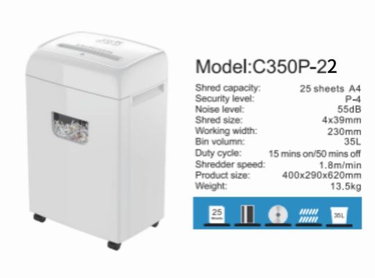 Yeni Ürün Ağır Görevli Büyük Kutusu 35L 22 Yapraklı Kağıt Kırıcı Ofis Ev Kullanımları için Çapraz Kesim C350P-22